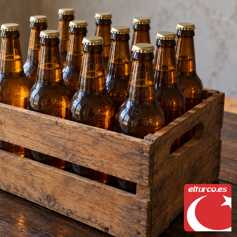Fila de botellas de cerveza oscuras con chapas doradas sobre una encimera de madera en una cocina blanca